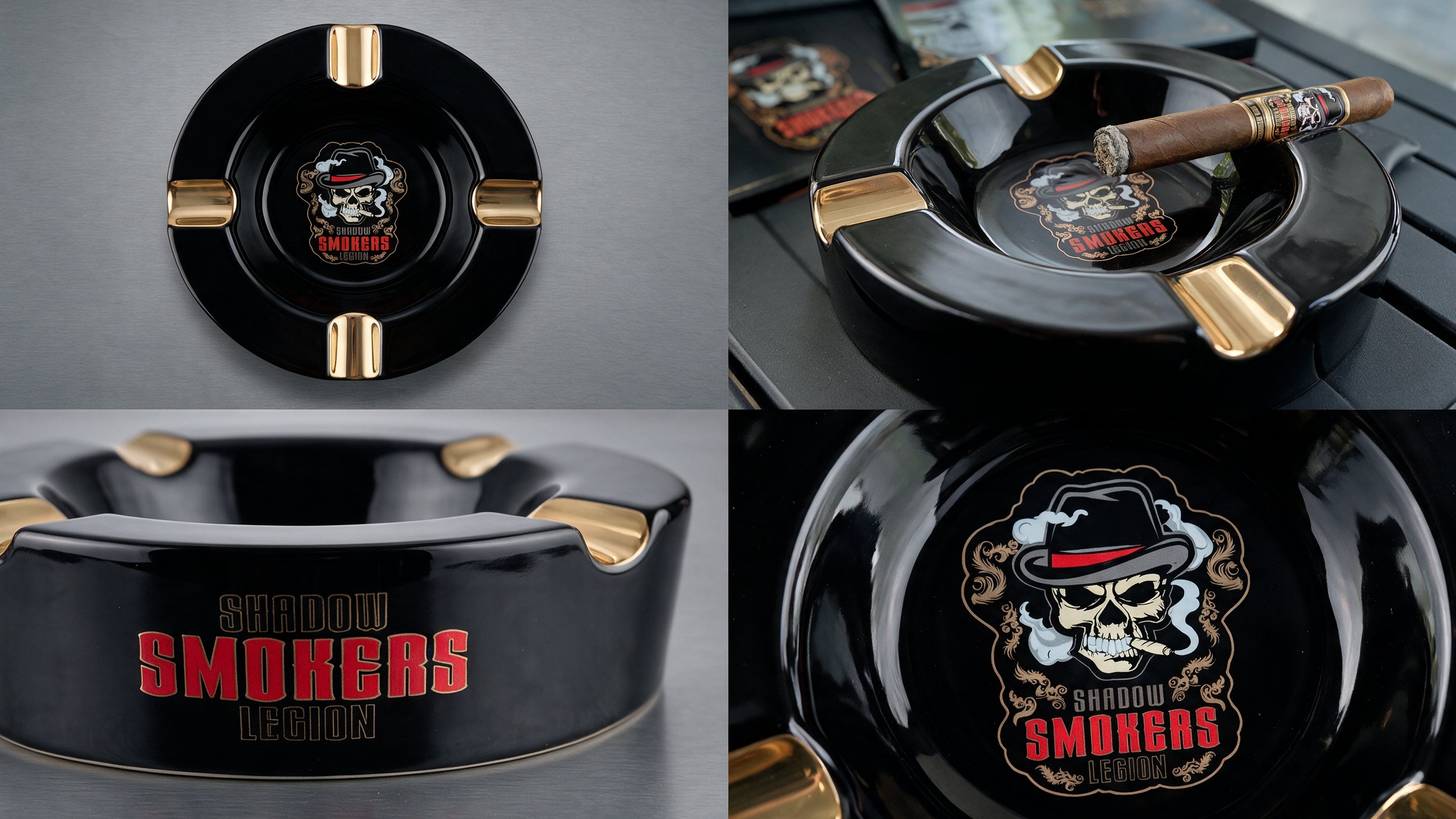 Black ceramic Shadow Smokers Legion ashtray with four gold cigar rests