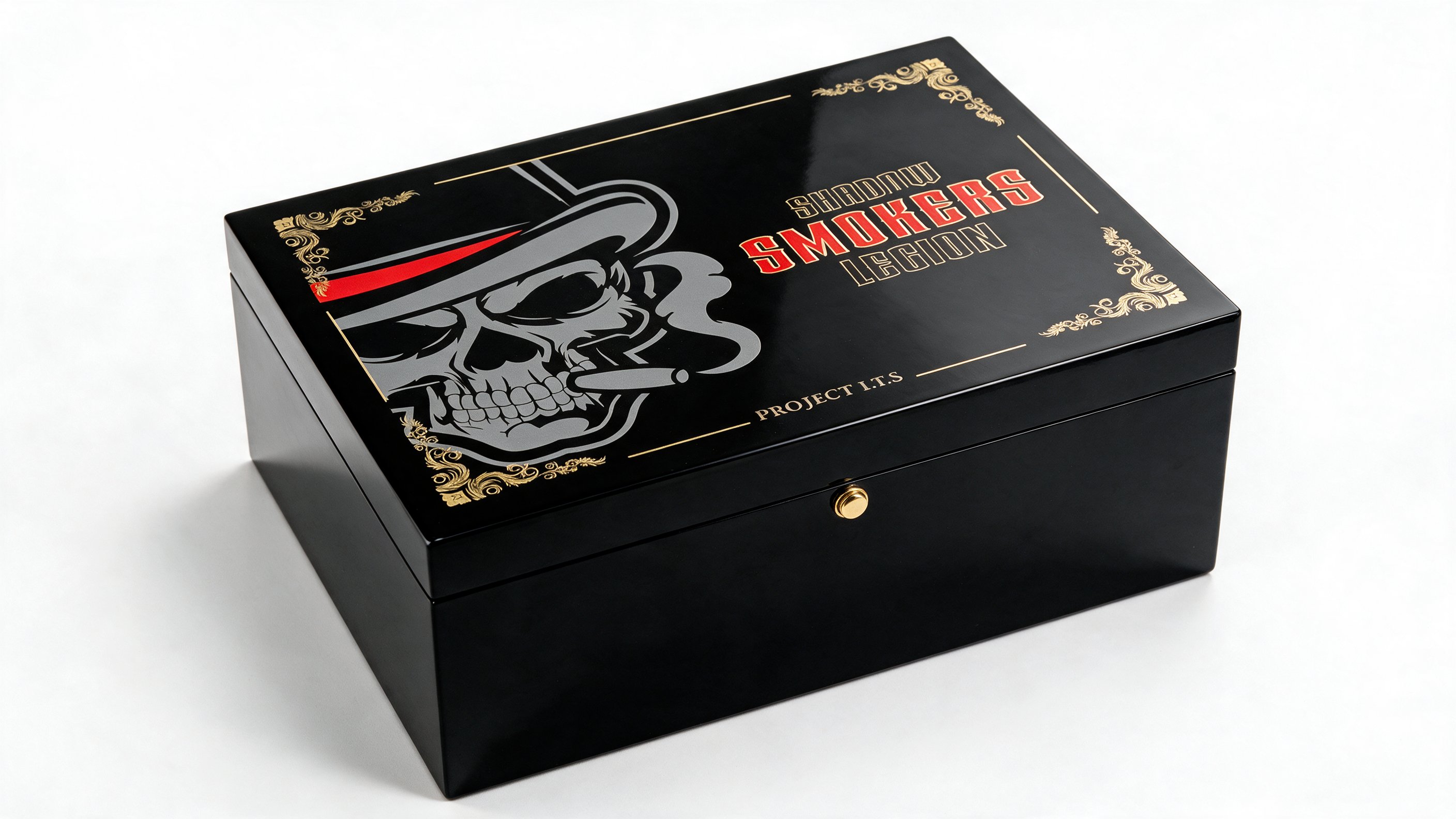 Closed black lacquered Project I.T.S. humidor with Legion artwork